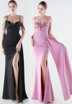 Women Beaded Floral Embroidered Pleated V-Neck Fishtail Slit Evening Dress