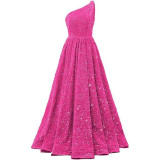 Women Sequined Bridesmaid Sleeveless One-Shoulder Prom Dress（Processing time need 3-6 days）
