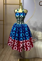 Women's Winter Strap Halter Neck Print Ruched Dress