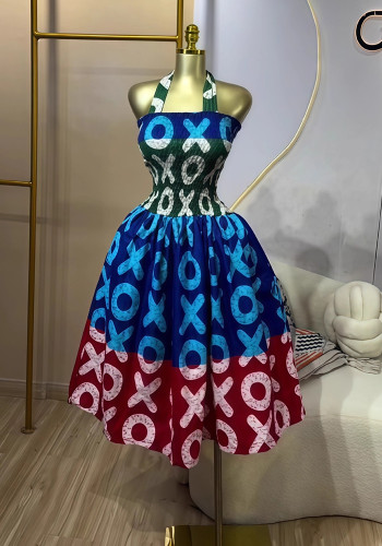 Women's Winter Strap Halter Neck Print Ruched Dress