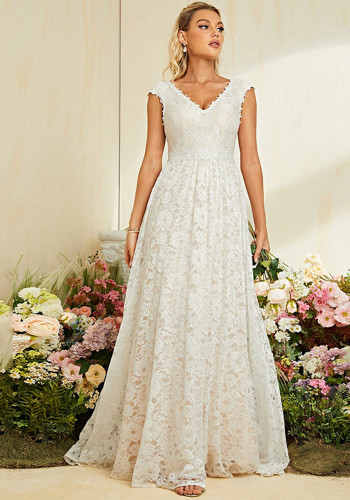 Women's Spring V-Neck Slim Fit White A-Line Lace Evening Gown