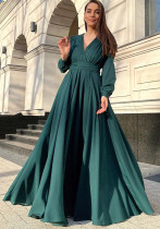Women's Sexy Deep V-Neck Long Sleeve Pleated Dress