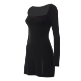 Women's Sexy Solid Square Neck Long Sleeve High-Waist Slit Dress