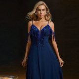 Women's Chic Off-Shoulder Fringe Strap Solid Color Formal Party Dress