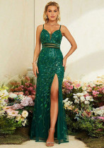 Women's Summer Green V-Neck Sequin Mermaid Evening Gown