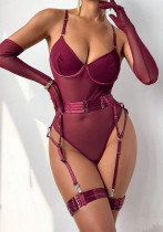 Women's Mesh Patchwork Lace-Up Bodysuit with Gloves Three-Piece Set