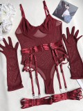 Women's Mesh Patchwork Lace-Up Bodysuit with Gloves Three-Piece Set