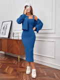 Women's Fall/Winter Long Sleeve Coat Strap Bodycon Dress Two-Piece Set