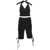 Women's Fall/Winter Deep V-Neck Halter Top with Pleated Tie-Front Capri Pants Two-Piece Set