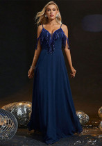 Women's Chic Off-Shoulder Fringe Strap Solid Color Formal Party Dress