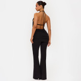 Women's Fall Halter Neck Low Back Tie-Front Top Metal Buttons Flared Pants Two-Piece Set