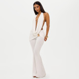 Women's Fall Halter Neck Low Back Tie-Front Top Metal Buttons Flared Pants Two-Piece Set