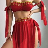 Women's Mesh Gold Leaf Fringe Bra with High-Slit Skirt Set