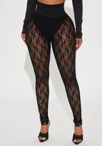 Women's Sexy Tight-Fitting Solid Color Fishnet Lace Pants
