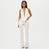 Women's Fall Halter Neck Low Back Tie-Front Top Metal Buttons Flared Pants Two-Piece Set