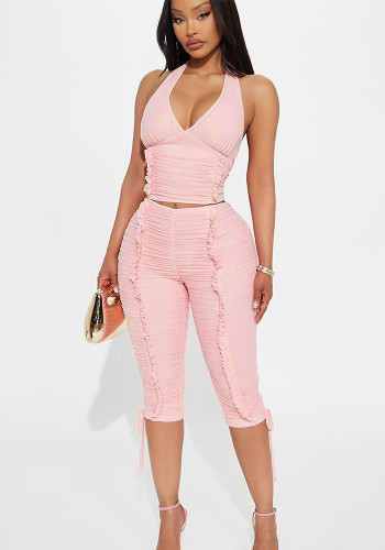 Women's Fall/Winter Deep V-Neck Halter Top with Pleated Tie-Front Capri Pants Two-Piece Set