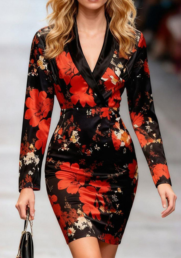 Women's Spring Printed V-Neck Long Sleeve Bodycon Dress