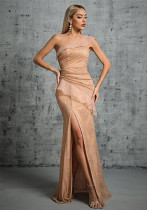 Women's Summer One-Shoulder Chic Slit Mesh Patchwork Formal Party Dress