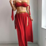 Women's Mesh Gold Leaf Fringe Bra with High-Slit Skirt Set