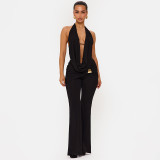 Women's Fall Halter Neck Low Back Tie-Front Top Metal Buttons Flared Pants Two-Piece Set