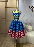 Women's Winter Strap Halter Neck Print Ruched Dress