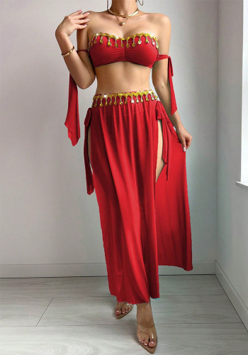 Women's Mesh Gold Leaf Fringe Bra with High-Slit Skirt Set