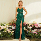 Women's Summer Green V-Neck Sequin Mermaid Evening Gown