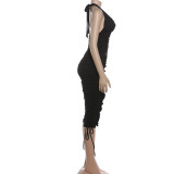 Women's Fall/Winter Deep V-Neck Halter Top with Pleated Tie-Front Capri Pants Two-Piece Set