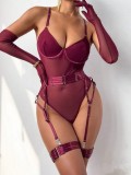 Women's Mesh Patchwork Lace-Up Bodysuit with Gloves Three-Piece Set