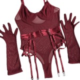 Women's Mesh Patchwork Lace-Up Bodysuit with Gloves Three-Piece Set