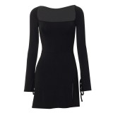 Women's Sexy Solid Square Neck Long Sleeve High-Waist Slit Dress