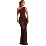 Women's One-Shoulder Slash Neck Satin Bodycon Long Dress