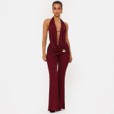 Women's Fall Halter Neck Low Back Tie-Front Top Metal Buttons Flared Pants Two-Piece Set