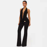 Women's Fall Halter Neck Low Back Tie-Front Top Metal Buttons Flared Pants Two-Piece Set