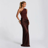 Women's One-Shoulder Slash Neck Satin Bodycon Long Dress