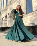 Women's Sexy Deep V-Neck Long Sleeve Pleated Dress
