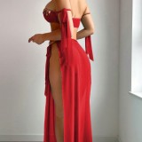 Women's Mesh Gold Leaf Fringe Bra with High-Slit Skirt Set