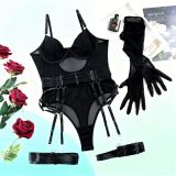 Women's Mesh Patchwork Lace-Up Bodysuit with Gloves Three-Piece Set