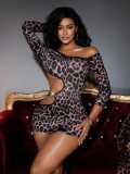 Women's  Lingerie Leopard Print Long Sleeve Nightdress