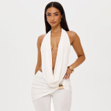 Women's Fall Halter Neck Low Back Tie-Front Top Metal Buttons Flared Pants Two-Piece Set