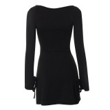 Women's Sexy Solid Square Neck Long Sleeve High-Waist Slit Dress