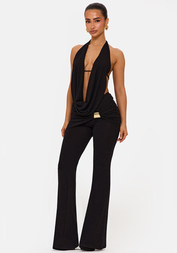 Women's Fall Halter Neck Low Back Tie-Front Top Metal Buttons Flared Pants Two-Piece Set