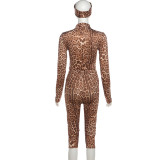 Women's Fall/Winter Leopard Print Long Sleeve Top Slim-Fit Capri Pants Set