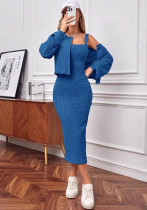 Women's Fall/Winter Long Sleeve Coat Strap Bodycon Dress Two-Piece Set