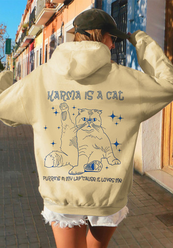 Unisex Fall Casual Loose Cat Print Hooded Hoodie