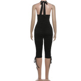 Women's Fall/Winter Deep V-Neck Halter Top with Pleated Tie-Front Capri Pants Two-Piece Set