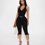Women's Fall/Winter Deep V-Neck Halter Top with Pleated Tie-Front Capri Pants Two-Piece Set