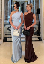 Women's One-Shoulder Slash Neck Satin Bodycon Long Dress