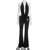 Women's Fall Halter Neck Low Back Tie-Front Top Metal Buttons Flared Pants Two-Piece Set