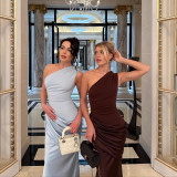 Women's One-Shoulder Slash Neck Satin Bodycon Long Dress